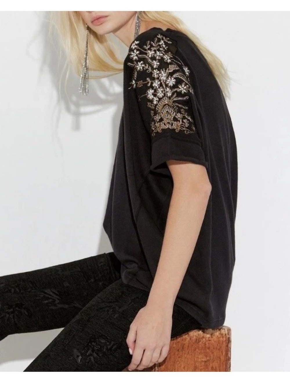 Free People We The Free Sparkle Daze Embellished Washed Black Tee NWT Sz M